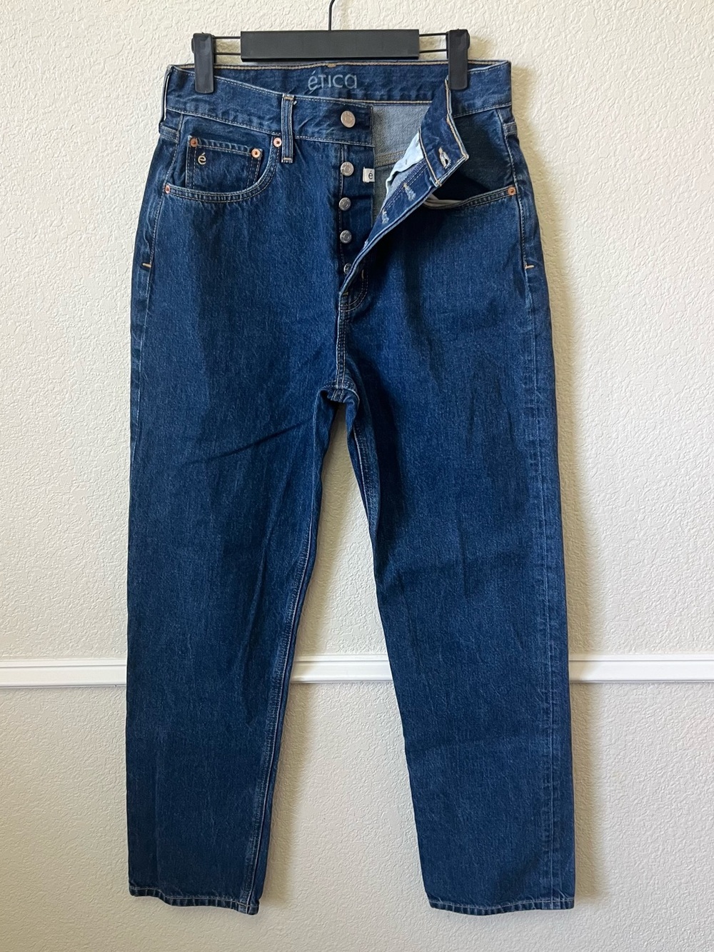 ÉTICA Carine Relaxed Straight Leg Button-Fly High Rise Jeans Dark Wash Womens 28
